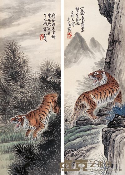 朱文侯 山君四态图 四屏（四屏选二） 78×28㎝×4