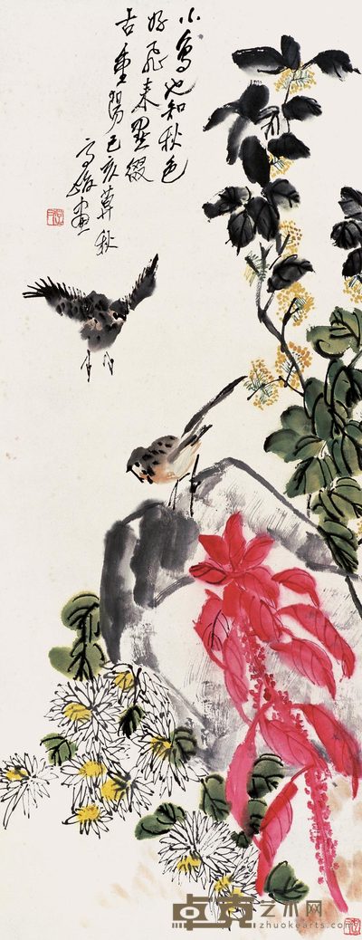 高峻 秋艳雀噪 立轴 86×33cm