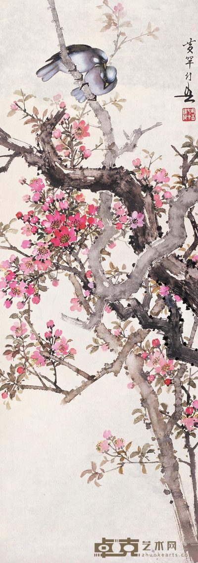 黄幻吾 桃花双禽 镜心 93×33cm