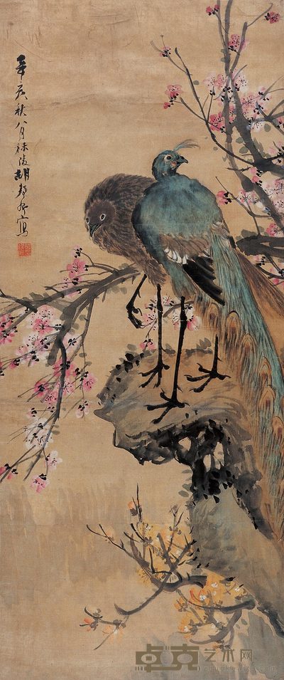 胡郯卿 孔雀牡丹 立轴 93×39cm