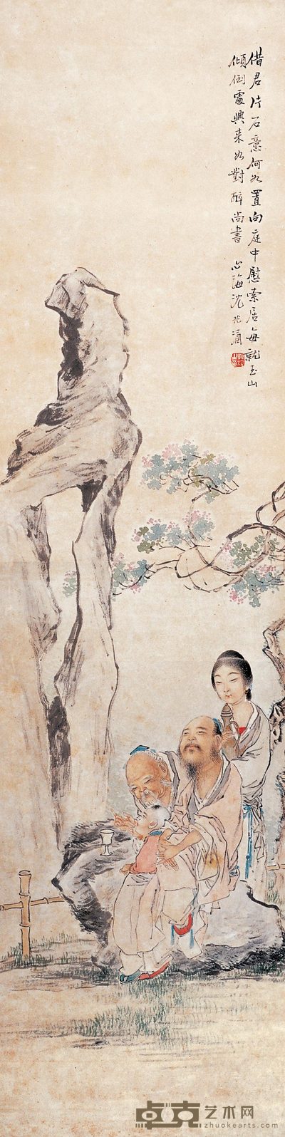 沈心海 闲庭小酌 立轴 133×34cm