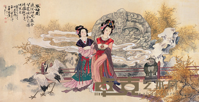 华三川 双娇观梅图 横幅镜心 69×133cm