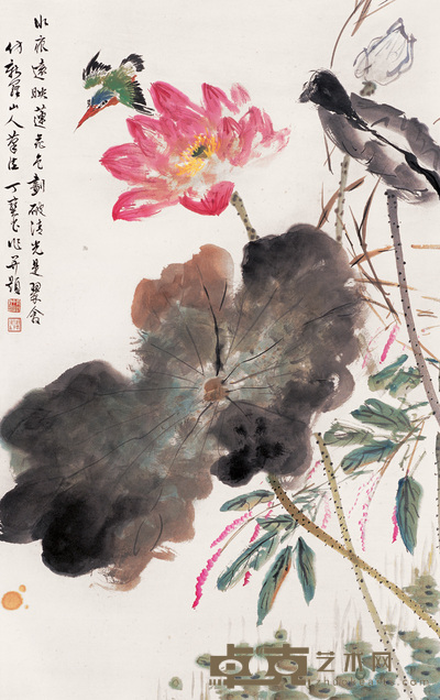 丁宝书 荷花翠鸟 立轴 96×60cm