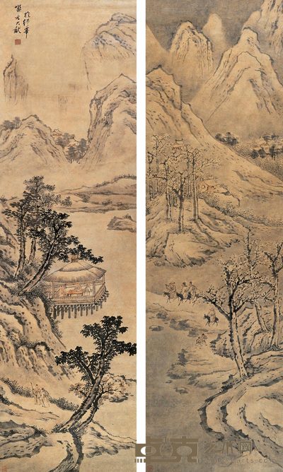 方大猷 水榭课儿图 立轴 158×46cm×2