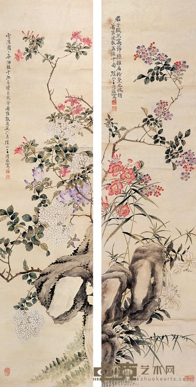 王传镒 花卉 四屏（四屏选二） 147×3cm×4
