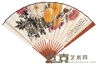 缪谷瑛 菊花斗艳 成扇 19×50cm