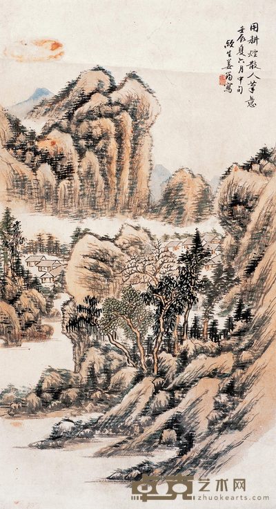 姜筠 山村晨霭 立轴 78×42cm