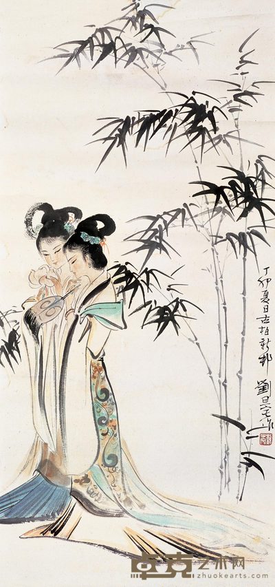 刘旦宅 双娇赏莲图 镜心 88×41cm
