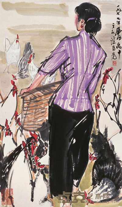 黄冑 养鸡图 立轴 58×34cm