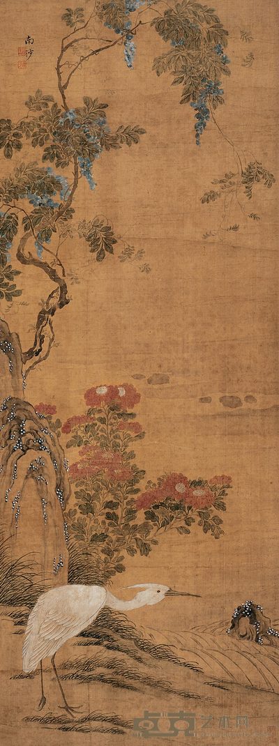 蒋廷锡 紫藤白鹭 立轴 105×39cm