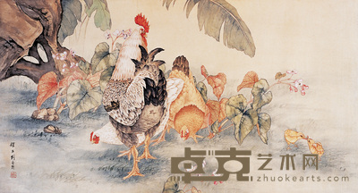 刘奎龄 海棠群鸡 立轴 65×120cm