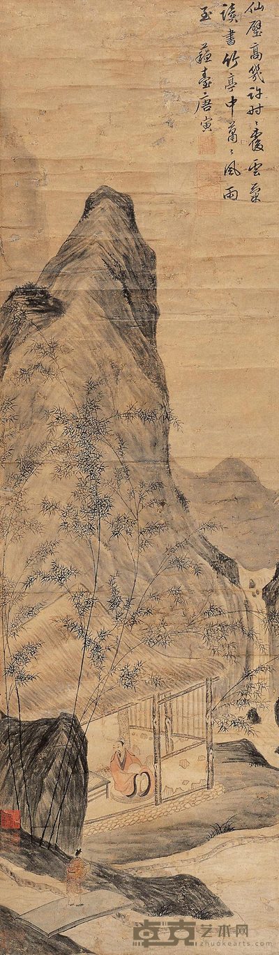 唐寅（款） 竹亭读书图 立轴 105×31cm
