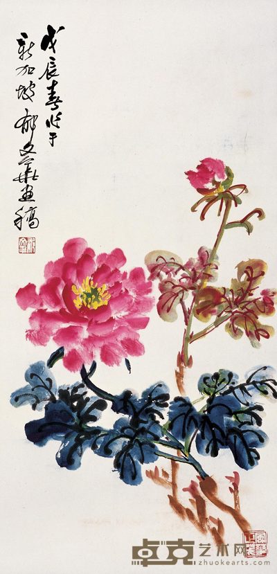 郁文华 牡丹 镜心 67×32cm
