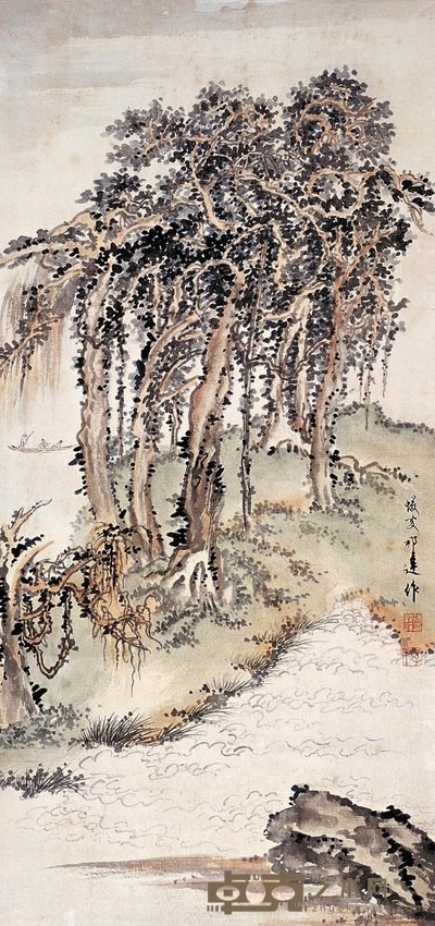 徐邦达 林阴古渡 立轴 66×32cm