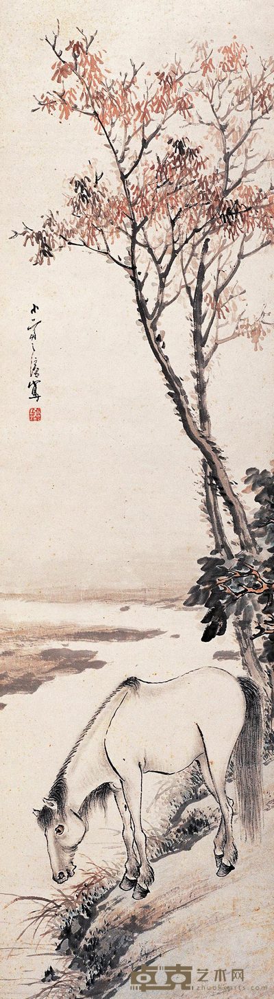 张之溶 饮马图 立轴 105×32cm