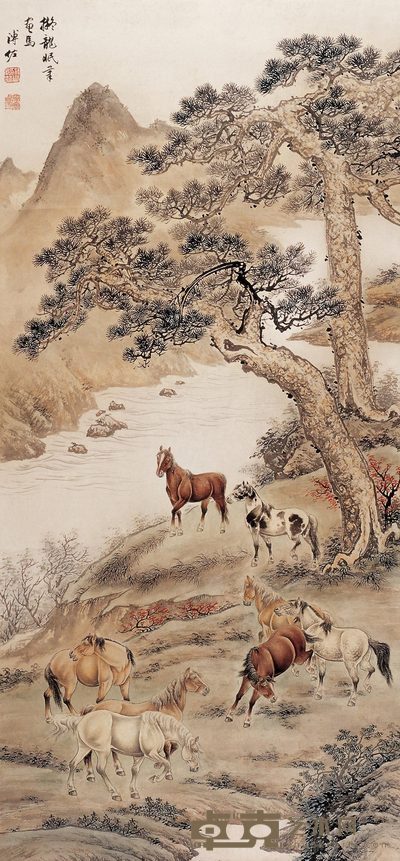 溥佐 松下八骏 立轴 128×59cm