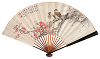颜伯龙 红梅双雀 成扇