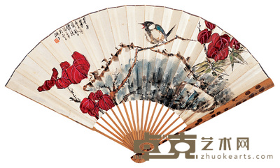 舒传曦 红叶鸣禽 成扇 19×52cm