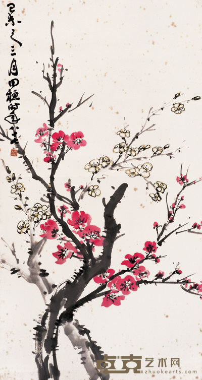田桓 梅开红绿 镜心 69×36cm