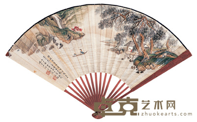 张石园 秋山访友 成扇 19×50cm