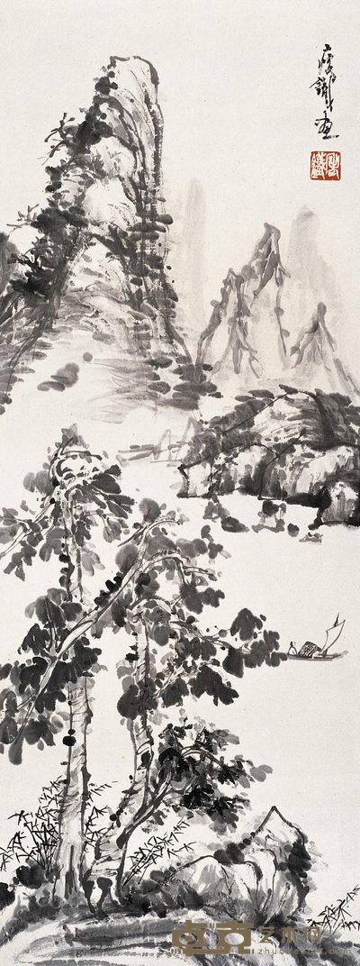 钱瘦铁 闲舟图 立轴 80×30cm