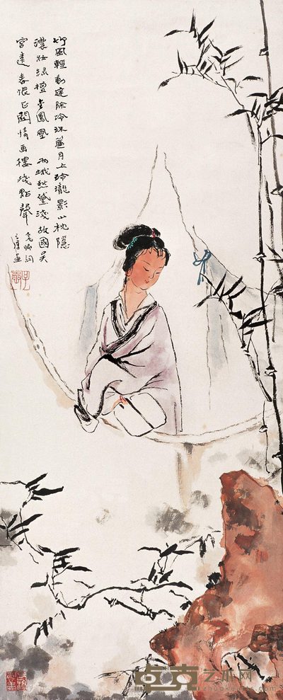 沈子丞 倚窗仕女 立轴 69×28cm