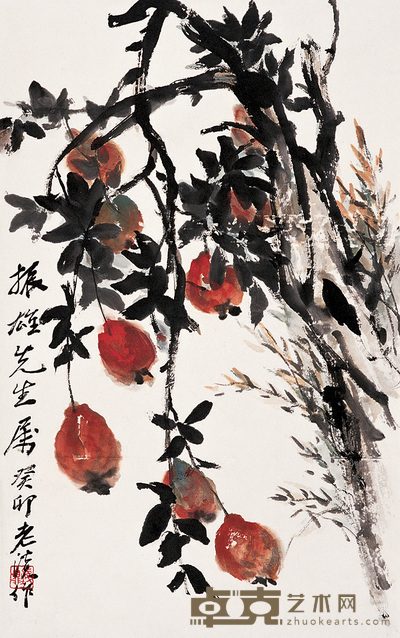 钱鼎 石榴图 立轴 44×27cm