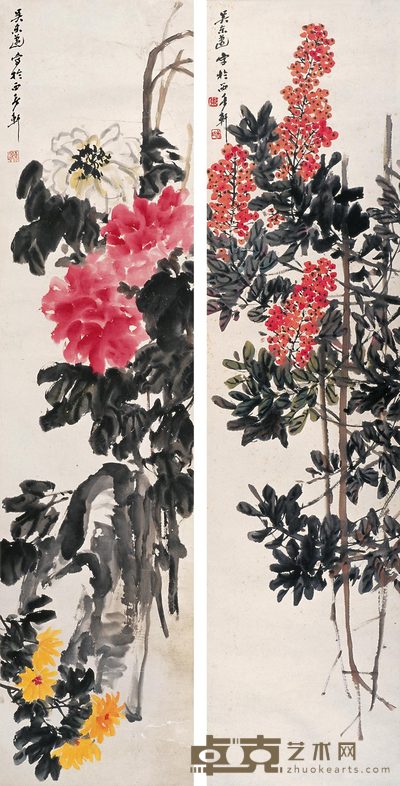 吴东迈 写意花卉 四屏（四屏选二） 134×34cm×4