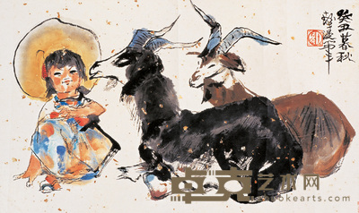 程十发 少女小鹿 镜心 27×45cm