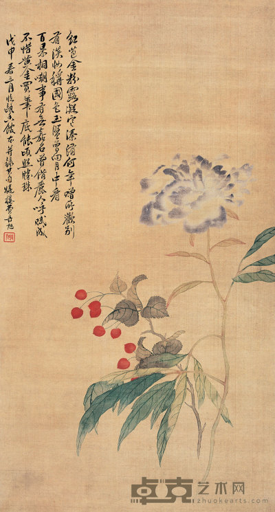 费丹旭 戊申（1848年）作 白芍红樱图 立轴 74×39cm