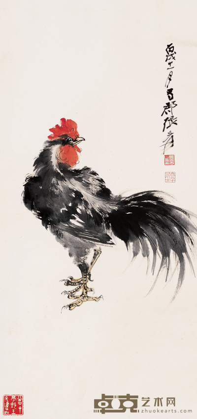 张大千 丙戌（1946年）作 雄鸡 立轴 74×34cm