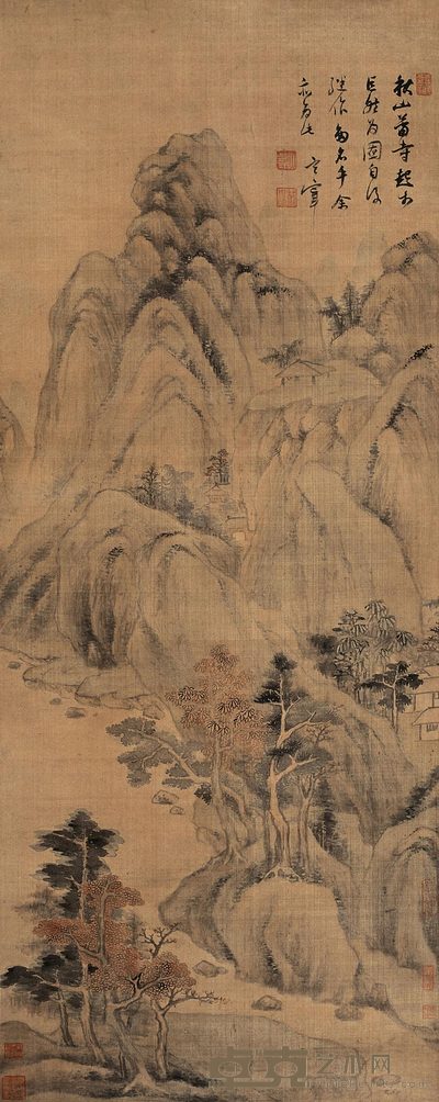董其昌 秋山萧寺 立轴 100×40cm