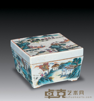 清 粉彩山水人物格盒 11.3×11.3×6.6cm