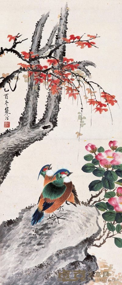 江寒汀 乙酉（1945）年作 红禽对语 镜心 80×34cm