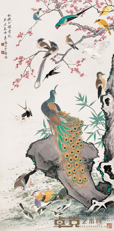 李凤公 辛丑（1961）年作 花鸟 立轴 132×65.5cm