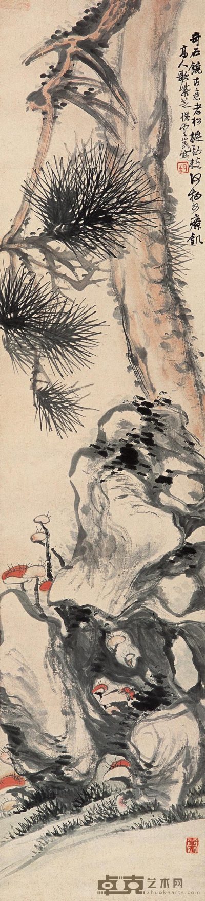 胡公寿 松石灵芝图 立轴 137.5×31cm