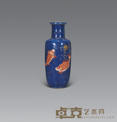 清康熙 洒蓝地红彩渔藻纹棒槌瓶 11.5×46.5cm
