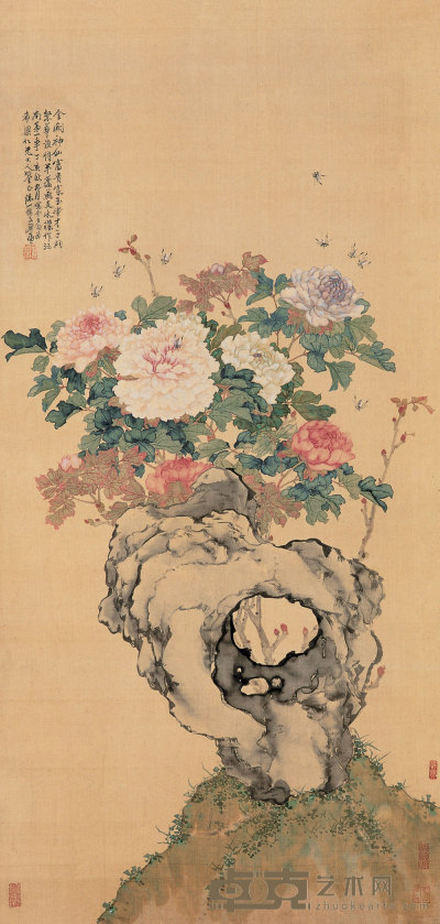 居廉 丁亥（1887）年作 富贵蜂涌 立轴 109×52cm
