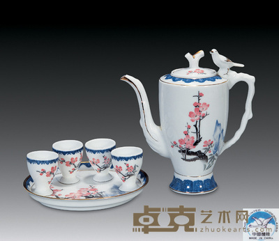 文革 彩梅花纹鸟鸣壶杯碟（一套六件） 高20cm；17.8cm；4.5×5.2cm