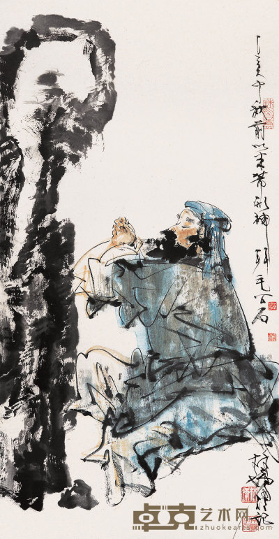 林墉 乙亥（1995）年作 拜石图 镜心 135×68cm