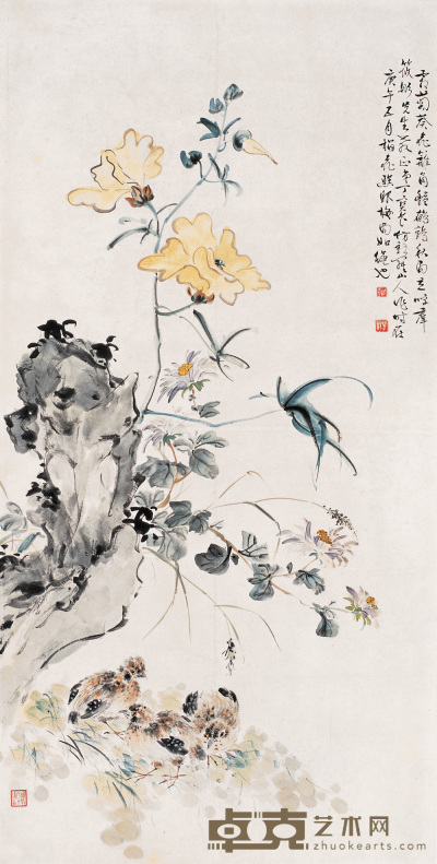 丁宝书 庚午（1930）年作 霜菊鹌鹑 立轴 108×54.5cm