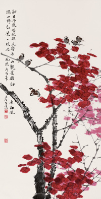 周彦生 丙戌（2006）年作 红叶小鸟 镜心