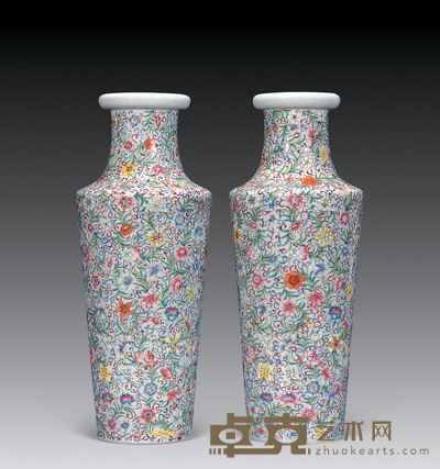 民国 粉彩万花地瓶（一对） 9×34cm