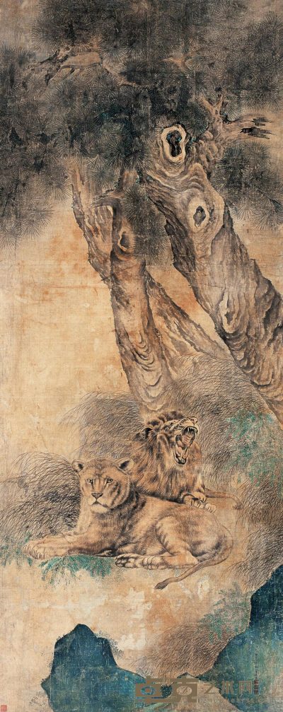郎世宁 徐扬（款） 双狮图 立轴 162.5×64.5cm
