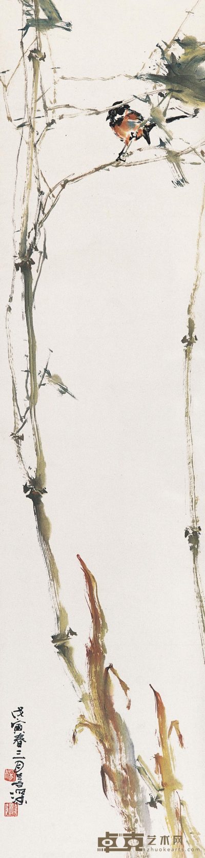 杨善深 戊寅（1998）年作 花鸟 镜心 137×34cm