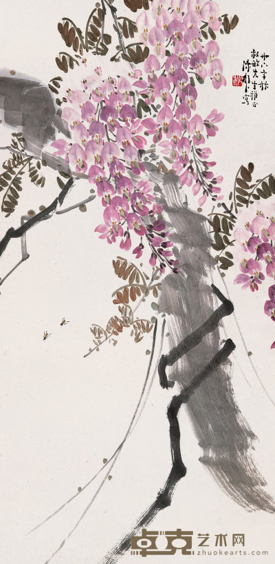 陈树人 1947年作 紫藤蜜蜂 立轴 67.5×33cm