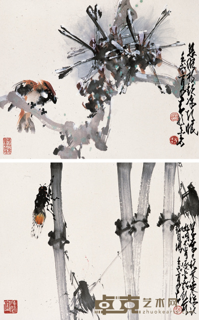 赵少昂 壬戌（1982）年作 花鸟（二件） 镜心 29.5×37cm×2