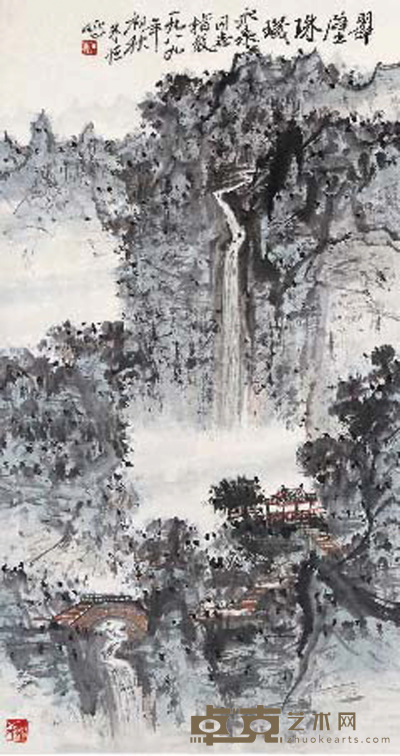 朱恒 1989年作 翠壁珠玑图 立轴 75.5×41cm