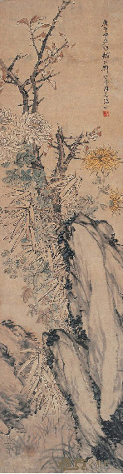 邓启昌 1870年作 五友图 立轴 149×39cm