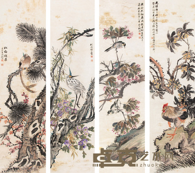 何研北 花鸟 立轴 152×40cm×4